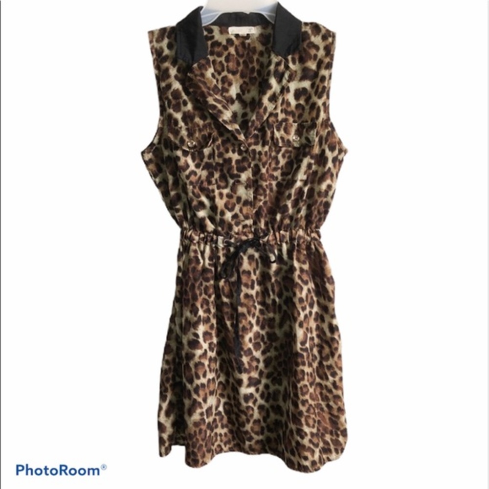 Mine Shirt Dress Size SJ Leopard Print Collar Buttons Polyester Brown Sleeveless